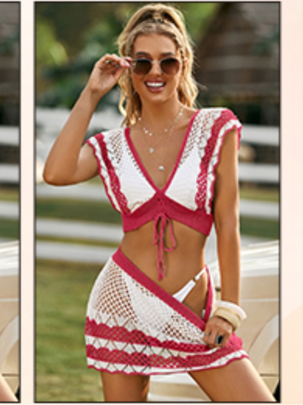 White & Berry Crochet Tie-Front Beach Set